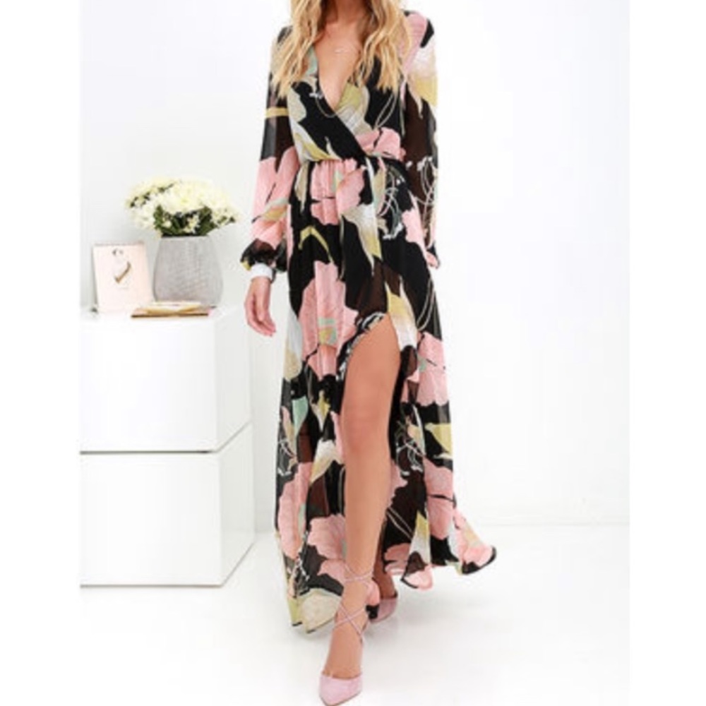 Wondrous Water Lilies Black Floral Print Maxi